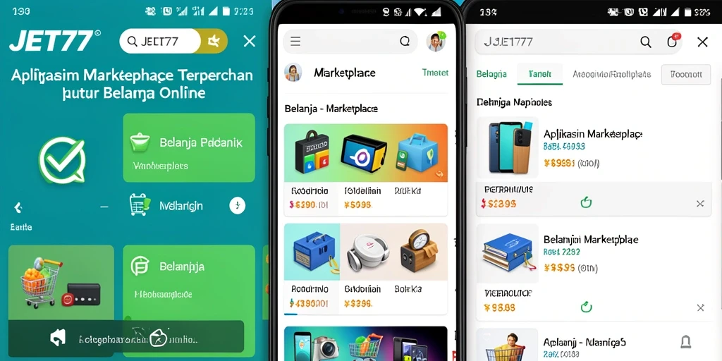 Screenshot antarmuka aplikasi JET77 yang menampilkan berbagai produk Marketplace.